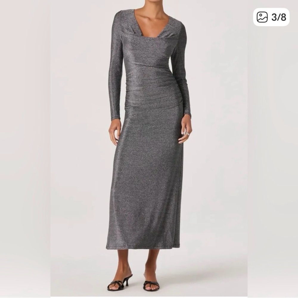 ASTR The Label Long Sleeve Silver Metallic Midi Dress- Size S